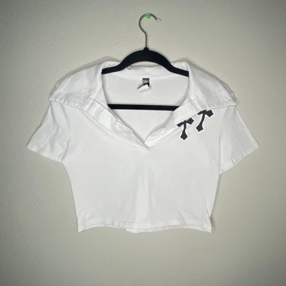 White Cropped Polo Shirt with Black Accents